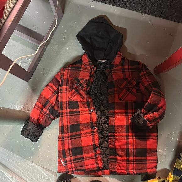 Black and Red Size Large Survival Gear Plaid Hooded Jacket - Picture 1 of 3
